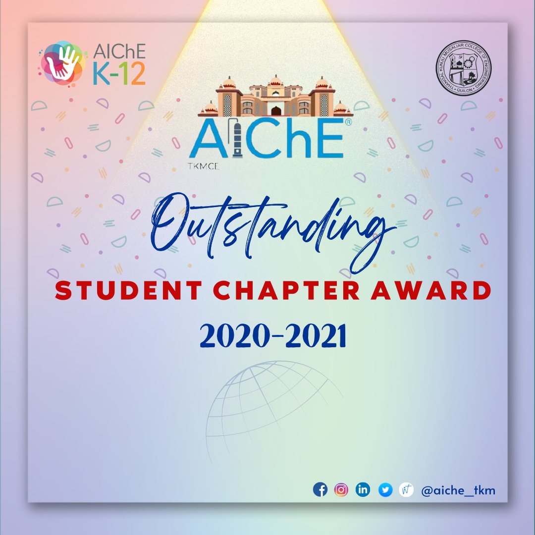 AIChEtkmce's tweet photo. It is a great honor to inform you that the American Institute of Chemical Engineers' Student Chapter,TKM College of Engineering is selected as Outstanding Student Chapter for the 2020-2021 school year!We thank you all for your extended support and for being  part of this journey. https://t.co/32Q0ieWzMQ