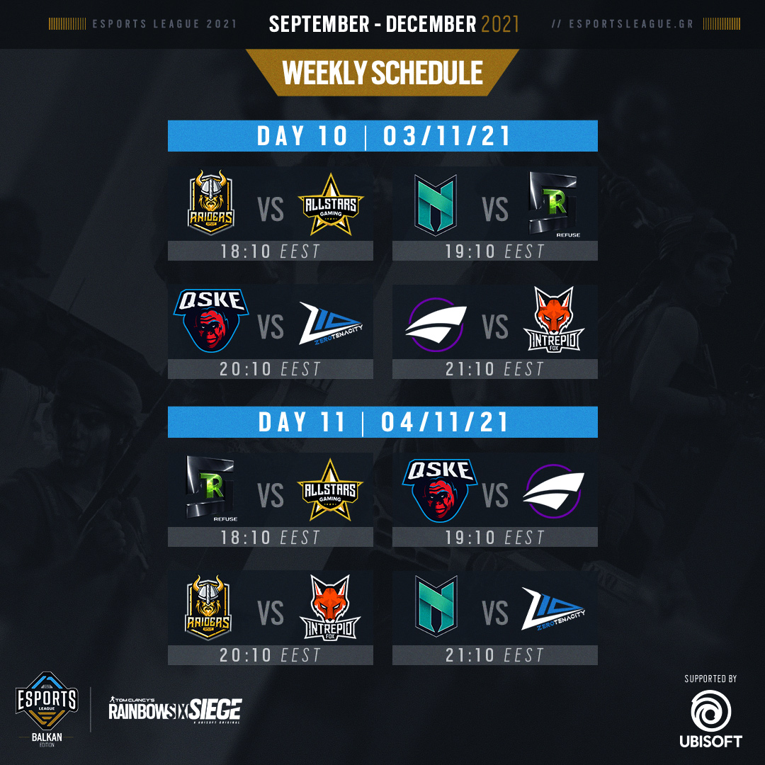 eSportsLeagueGR's tweet photo. Below you may find the 5th Week's Schedule for Esports League supported by @Ubisoft.
Visit the Official Esports League Site and learn more about the League https://t.co/Csqa64BexN
#eleague #ubisoft #balkanleague #r6siege #r6league #esportsleague #balkanedition https://t.co/8Q9S03Nxpg