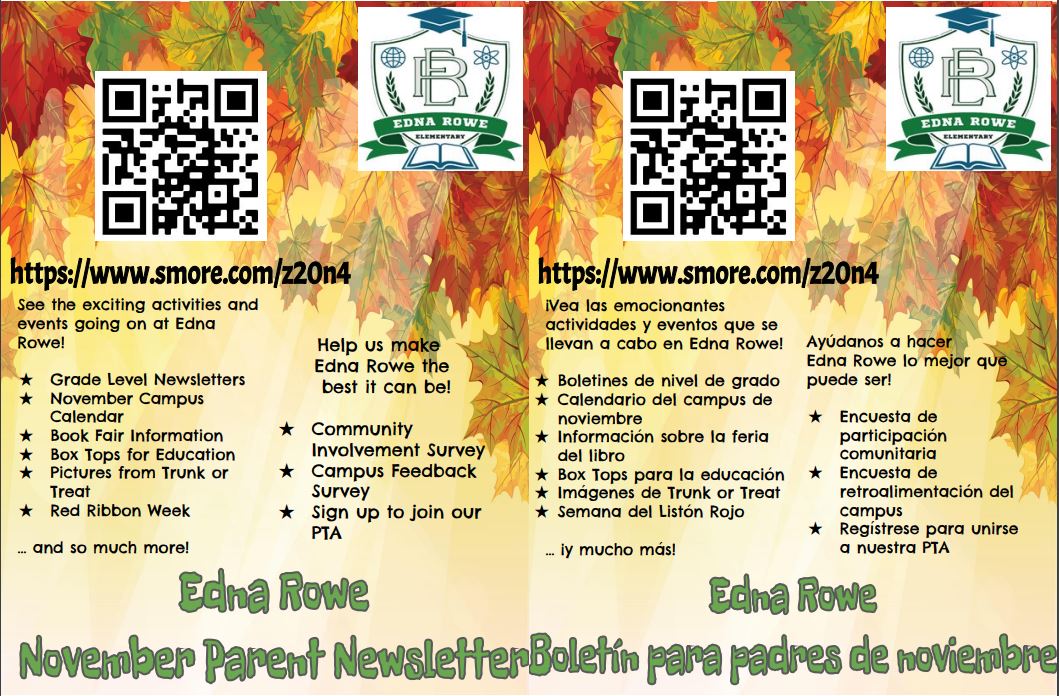 DPike_AP's tweet photo. @ednarowedisd is excited to announce our November Parent Smore Newsletter! https://t.co/M3qnxrX4l2 Click to see all the amazing things going on at Edna Rowe! https://t.co/LaRwWJu4F6