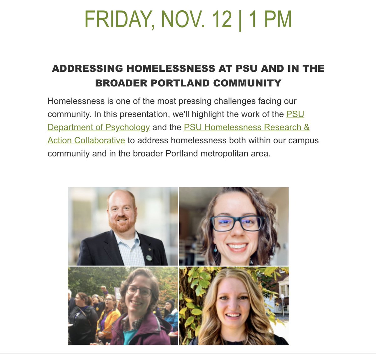 homelessnesspdx's tweet photo. Mark your calendars for 1 p.m. Nov. 12 to hear our researchers talk about work including @PDXStResponse evaluation, homelessness &amp; housing insecurity @Portland_State &amp; study of tiny home villages for ppl experiencing homelessness https://t.co/vx5eiicOsb @psu_research @CPID_PDX https://t.co/XER8iIDEBz