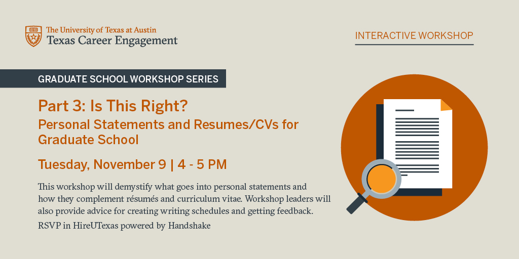 Are you planning to apply for #gradschool? Join us for the final session of the Graduate School Workshop Series featuring a discussion on how to write personal statements and resumes/CVs for grad school applications. Tuesday, Nov. 9, 4-5 PM RSVP: ow.ly/UsJE50GfhR2