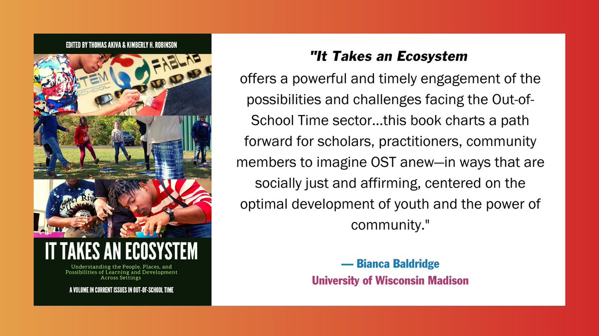 The latest volume in Current Issues in Out-of-School Time, “It Takes an Ecosystem”, is now available! Eds. <a href="/tomakiva/">Tom Akiva</a> @pitteducation &amp; our EVP @khowardrobinson. Authored by experts from across the allied youth fields. bit.ly/IIOST21 #ReadinessProjects