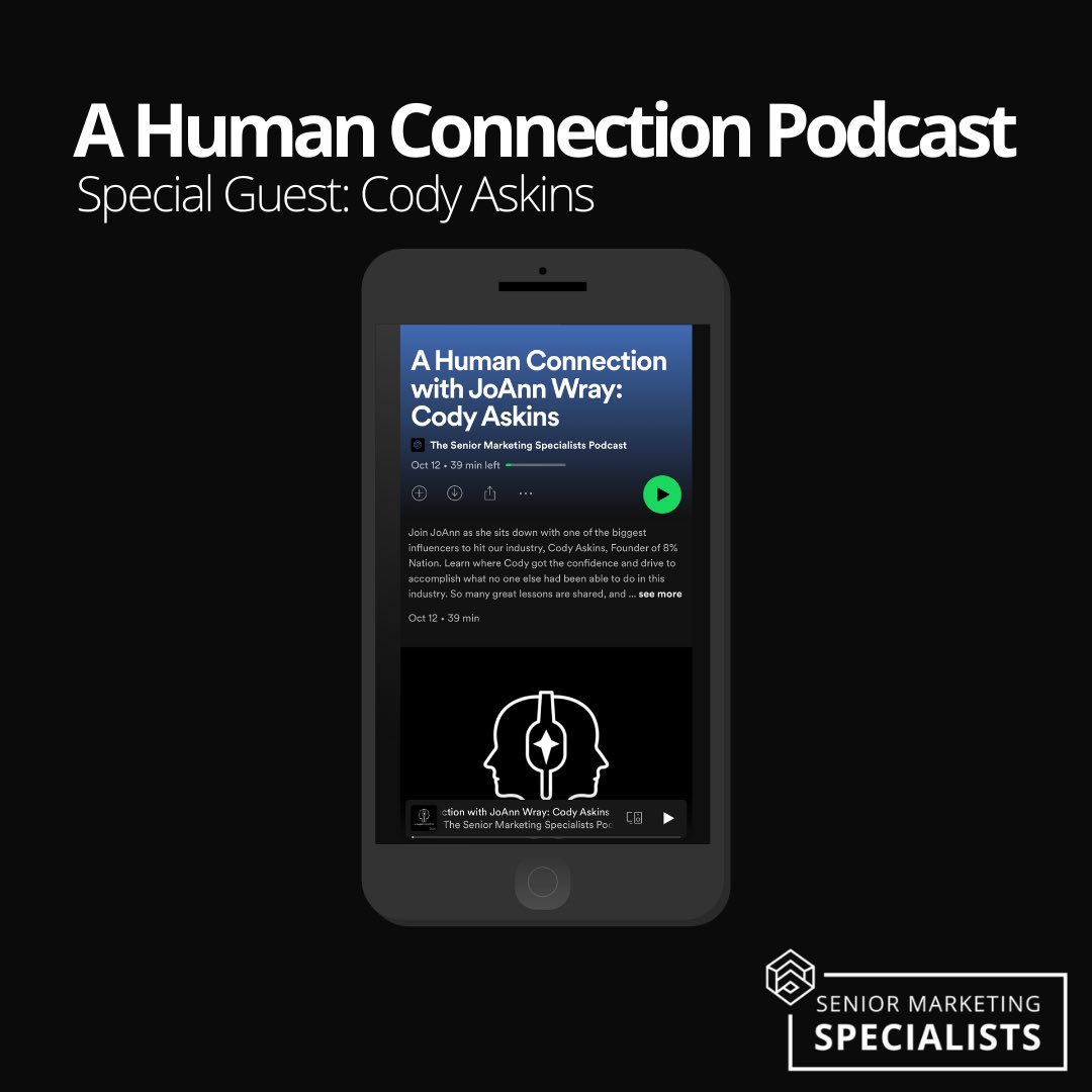 smsteam1's tweet photo. A HUMAN CONNECTION PODCAST: Join JoAnn Wray as she sits down with one of the biggest influencers to hit our industry, Cody Askins, Founder of 8% Nation.
LISTEN NOW: https://t.co/QTwLefTNhd
#SMSTeam
#8PercentNation
#AHumanConnection
#SeniorMarketingSpecialists https://t.co/ydL3yTcnkE