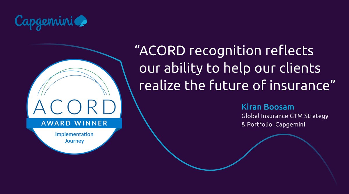 Capgemini_ins's tweet photo. Excited to be presented the ACORD implementation journey award for 2021. The award acknowledges our dedication towards helping clients adopt global standards to realize embedded insurance models.
Read more: https://t.co/pTVYYp8bWy https://t.co/k5ZJbHYFZJ