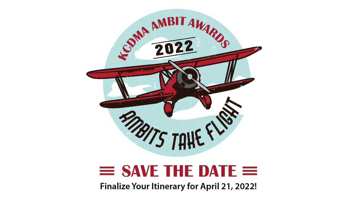 Save the date for the 2022 AMBIT Awards!

We are almost ready to start boarding for the 2022 Ambit Awards! It’s time to finalize your itinerary and circle the date on your calendar for our LIVE event, Thursday, April 21, 2022.

More information to come! kcdma.org/2022-ambit-awa…