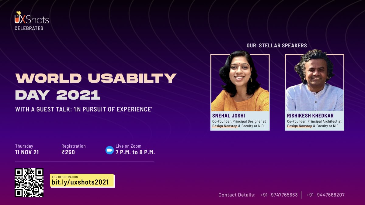 UXShotsIN's tweet photo. Thrilled to announce, UXShots is back again with yet another exciting knowledge-packed session.

Let's celebrate "The World Usability Day" with our Stellar Speakers @snehal156 and @Hrishida by exploring the constant search towards enhancing the UX through design intervention. https://t.co/SyyHLCMz3x