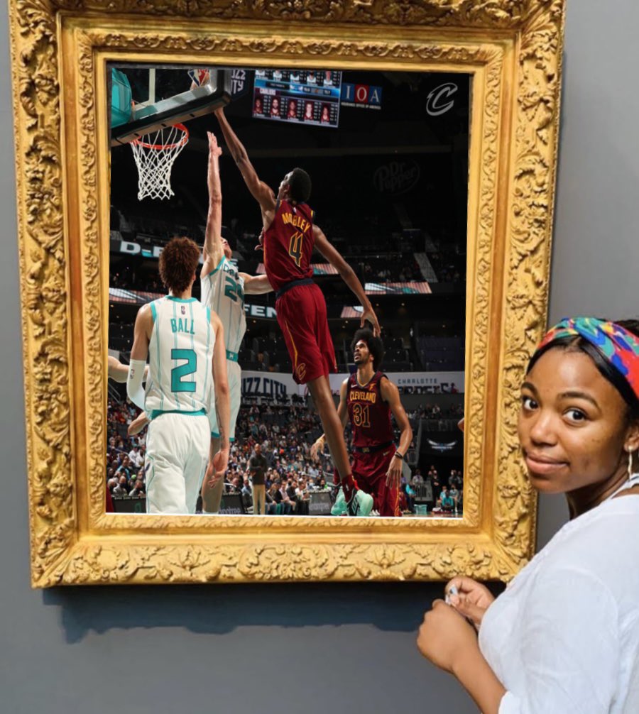 ElalcaldeRafa's tweet photo. A @cavs win can only mean that the @Angel_Gray1 #AngelAtTheMuseum exhibit gets a new piece added to it. Ladies and gentlemen, making his debut in our gallery is the Rook @evanmobley. I believe this is Plumlee’s second appearance in the #posterized exhibit. https://t.co/JPuEz1sp5R