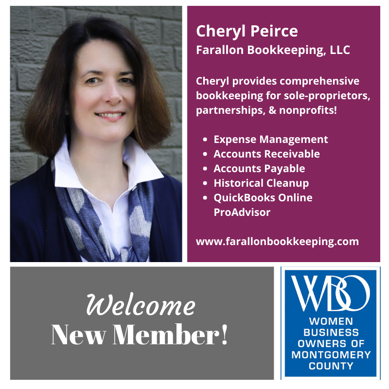 WBOMC's tweet photo. Welcome new member Cheryl Peirce, Farallon Bookkeeping, LLC!  #womeninbusiness https://t.co/GSYiI0FPQz
