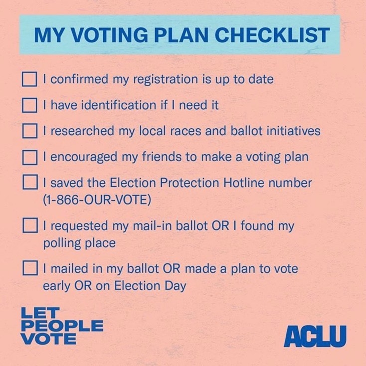 ACLUVA's tweet photo. Do you have everything you need to vote? 

Make sure you're prepared for #ElectionDay with our handy voting checklist ⬇️⬇️⬇️

While you're at it, brush up on your voting rights here: https://t.co/tedUsgvBSy

GET VOTING! https://t.co/0LmVaUFQj7