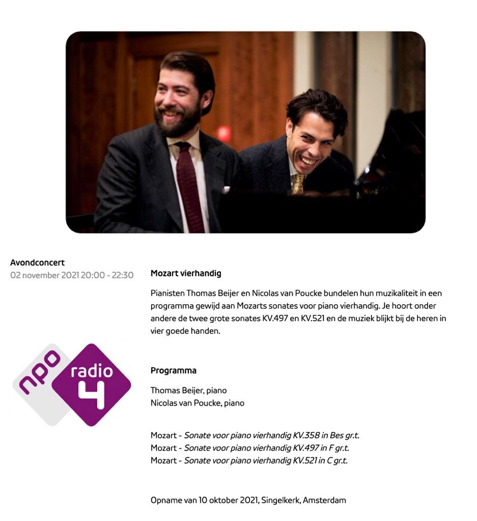 NicolasPianist's tweet photo. Ik kan mij voorstellen dat uw humeur er na het kijken/luisteren van de #persconferentie er niet beter op is. Daarom zou ik daarna @NPORadio4 aanzetten dan hoort u een veel leuker duo (al zeg ik zelf)met prachtige sonates van Mozart.
https://t.co/k4c6nlebRG
@MinPres @hugodejonge https://t.co/41DtReERAX