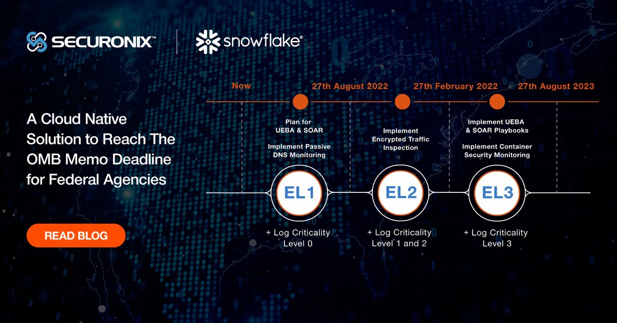Learn why a cloud-native approach with <a href="/Securonix/">Securonix</a> and <a href="/SnowflakeDB/">SnowflakeDB</a> is the only way for #Federal Agencies to beat the #OMB Event Logging Memo Deadline. 

#CyberSecurity #CloudSecurity #InsiderThreat #Analytics #Security #InfoSec #DataSecurity sc.securonix.com/u/mxVjYX