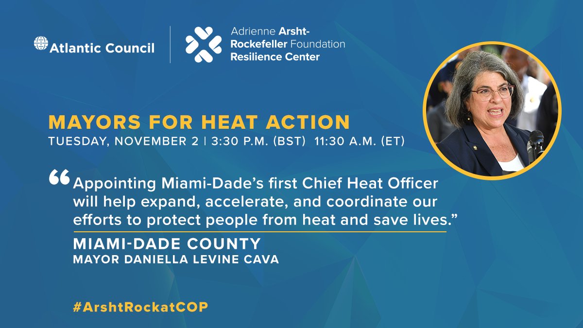 ACClimateCenter's tweet photo. Live from #COP26 in Glasgow, our "Mayors for Heat Action"  event, a conversation with the global mayors who have shown extraordinary leadership in addressing #ExtremeHeat in urban areas #ArshtRockatCOP
 
📅🕒 11/2 11:30AM EST/3:30PM BST 

Watch on @ArshtRock for live updates! https://t.co/YrE8tIkBNy