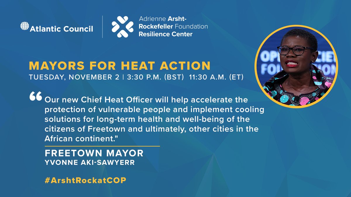 ACClimateCenter's tweet photo. Live from #COP26 in Glasgow, our "Mayors for Heat Action"  event, a conversation with the global mayors who have shown extraordinary leadership in addressing #ExtremeHeat in urban areas #ArshtRockatCOP
 
📅🕒 11/2 11:30AM EST/3:30PM BST 

Watch on @ArshtRock for live updates! https://t.co/YrE8tIkBNy