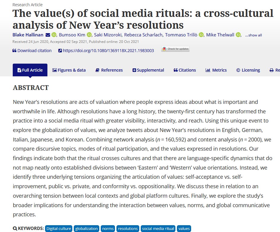 blakeplease's tweet image. How do New Year&apos;s resolutions on Twitter negotiate tensions between global platform cultures and local contexts? We tackle this question in a new #open access paper from the DigitalValues team #outnow in @icsjournal doi.org/10.1080/136911… [1/11]