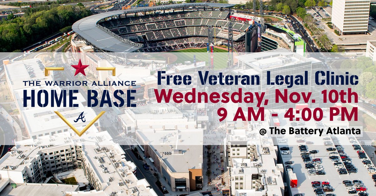 A Veteran Pro Bono Legal Clinic is coming to The Battery Atlanta on Wednesday, November 10, 2021! Sign up for free legal information sessions and attorney consultations. Learn more or register at thewarrioralliance.org/vlsn/