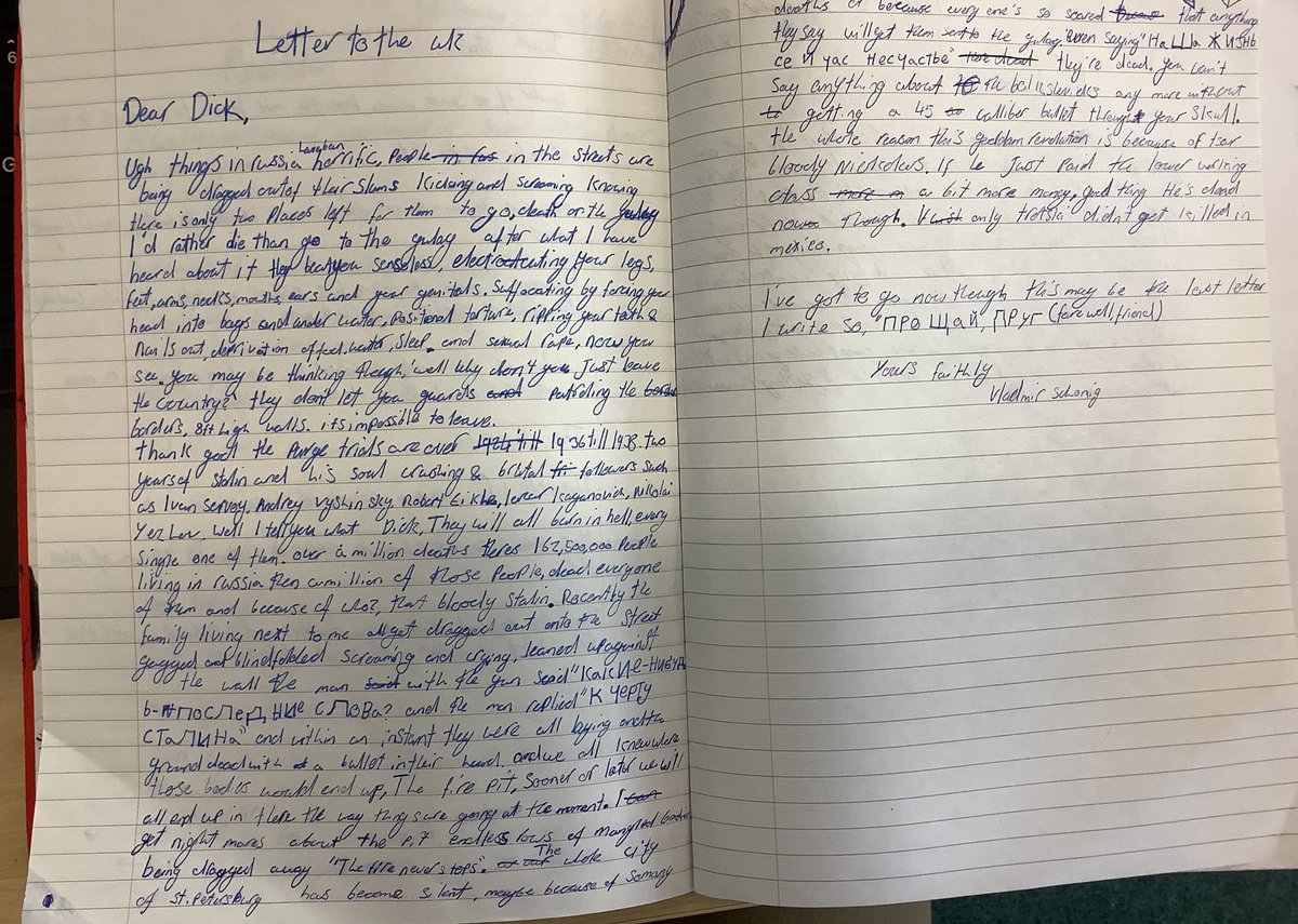 EngKhp's tweet photo. When a student goes above and beyond with their homework! Even including researched Russian to add authenticity to their ‘letter from Russia during Stalin’s reign’ ⭐️ ⭐️ https://t.co/T9XPTsTbhD