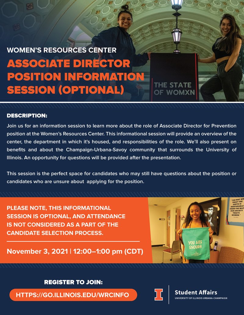 IllinoisWRC's tweet photo. Want to learn more about the Associate Director for Prevention position at the WRC?  Register for our info session tomorrow at 12 noon: https://t.co/H3MgVNmvdn https://t.co/73Avxn96US