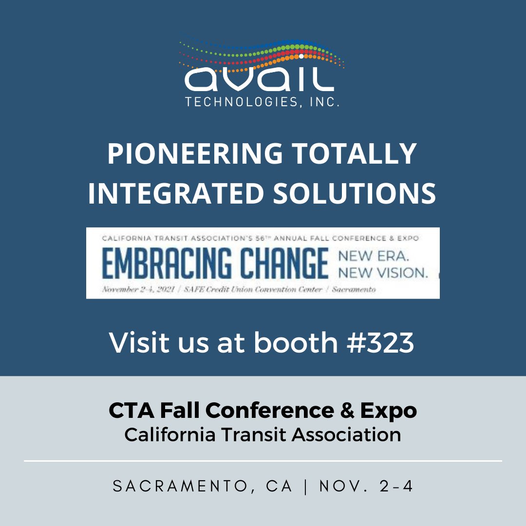 Avail Technologies (@availtec) on Twitter photo We are excited to be exhibiting at the <a href="/CalTransit/">California Transit Association</a> Fall Conference and Expo today! Stop by our booth and chat with Caitlyn and Nathan to see how we can improve your operations with our data-driven transit solutions. #Caltransit56 We are excited to be exhibiting at the <a href="/CalTransit/">California Transit Association</a> Fall Conference and Expo today! Stop by our booth and chat with Caitlyn and Nathan to see how we can improve your operations with our data-driven transit solutions. #Caltransit56