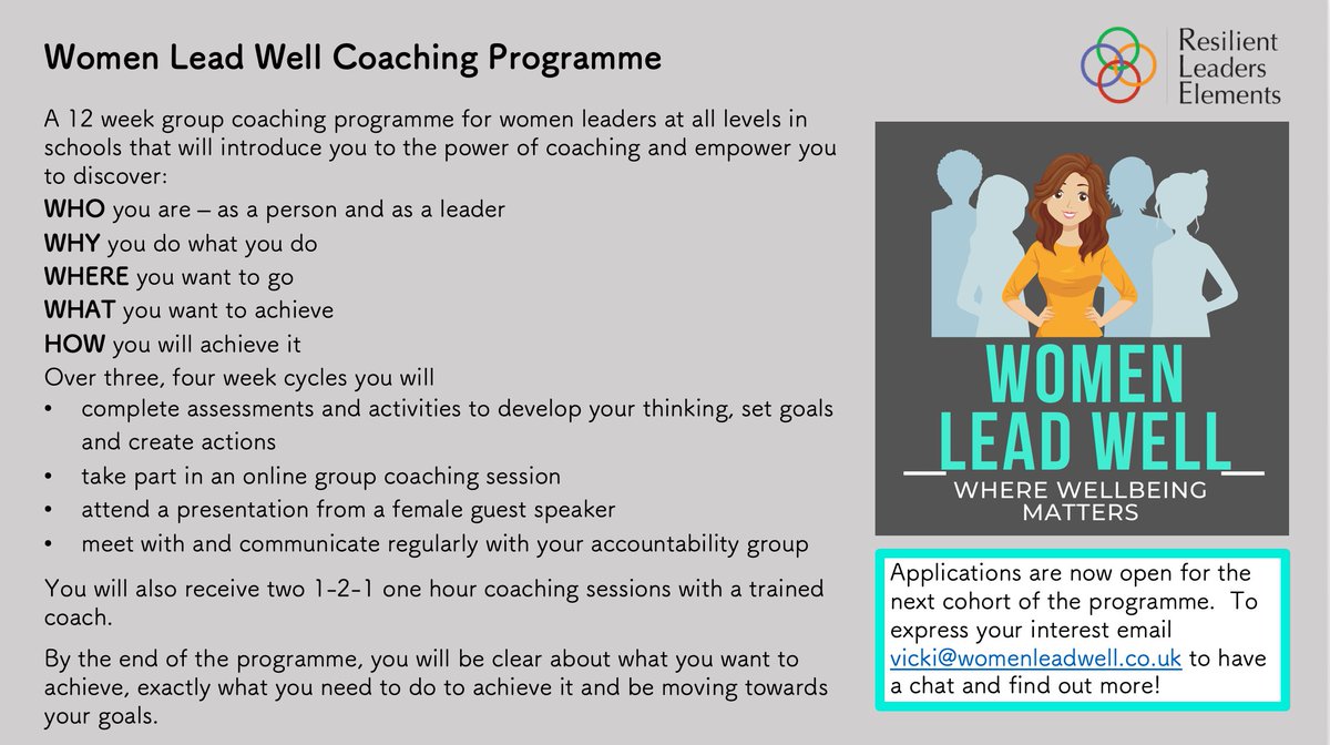 Applications are now open for the Cohort 5 of the Women Lead Well Coaching Programme. If you're a leader in a school looking for more purpose in your role or a new direction, this is the coaching programme for you. DM me #coaching #edutwitter #WomenEd #womenleadwell #schools