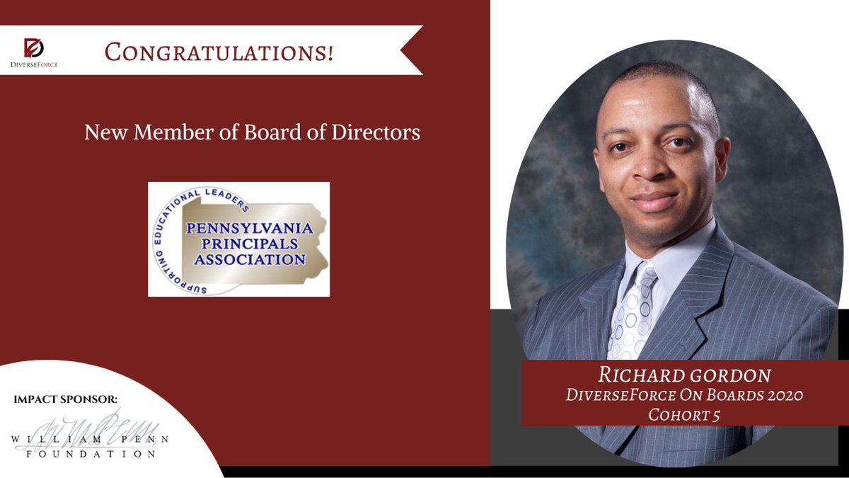 DiverseForce's tweet photo. Huge congratulations to Richard Gordon, an alumnus of our DiverseForce On Boards Cohort 5, for becoming a new addition to the Board of Directors for @PAPRINCIPALS (Pennsylvania Principals Association).
#DiverseForce #DiverseForceOnBoards https://t.co/542pEqKrlP