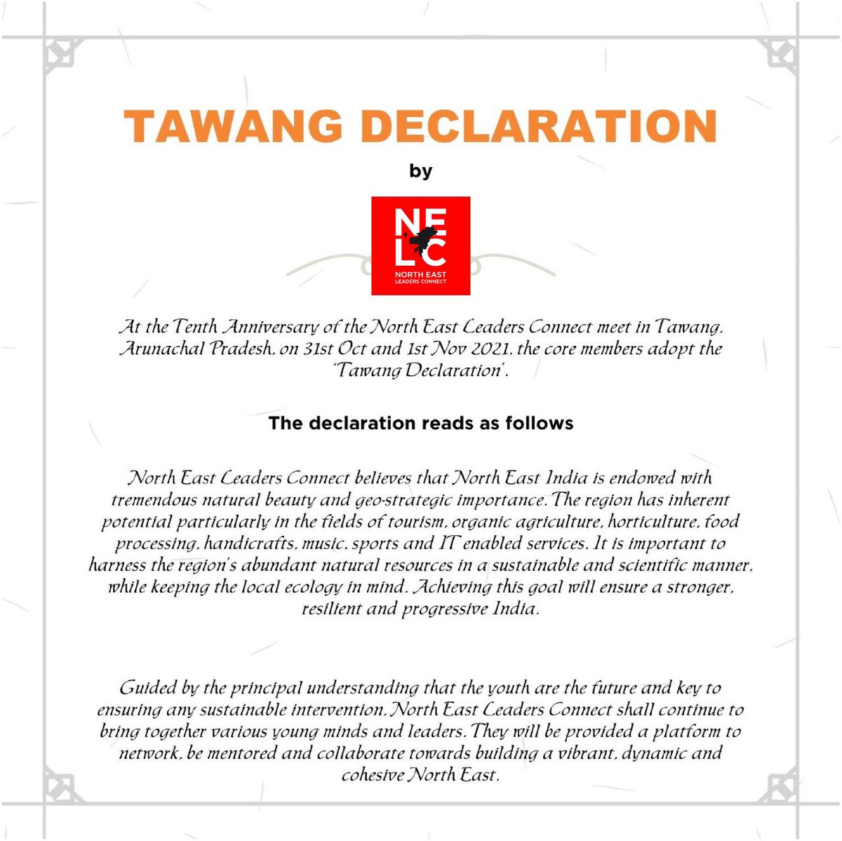 Immensely proud to be part of the #TawangDeclaration, an outcome of 10th anniversary meeting of @NortheastLC. 

The declaration aims to harness the vast potential of #NorthEast in sustainable manner and to tap creative potential of the youths for progressive and resurgent India.