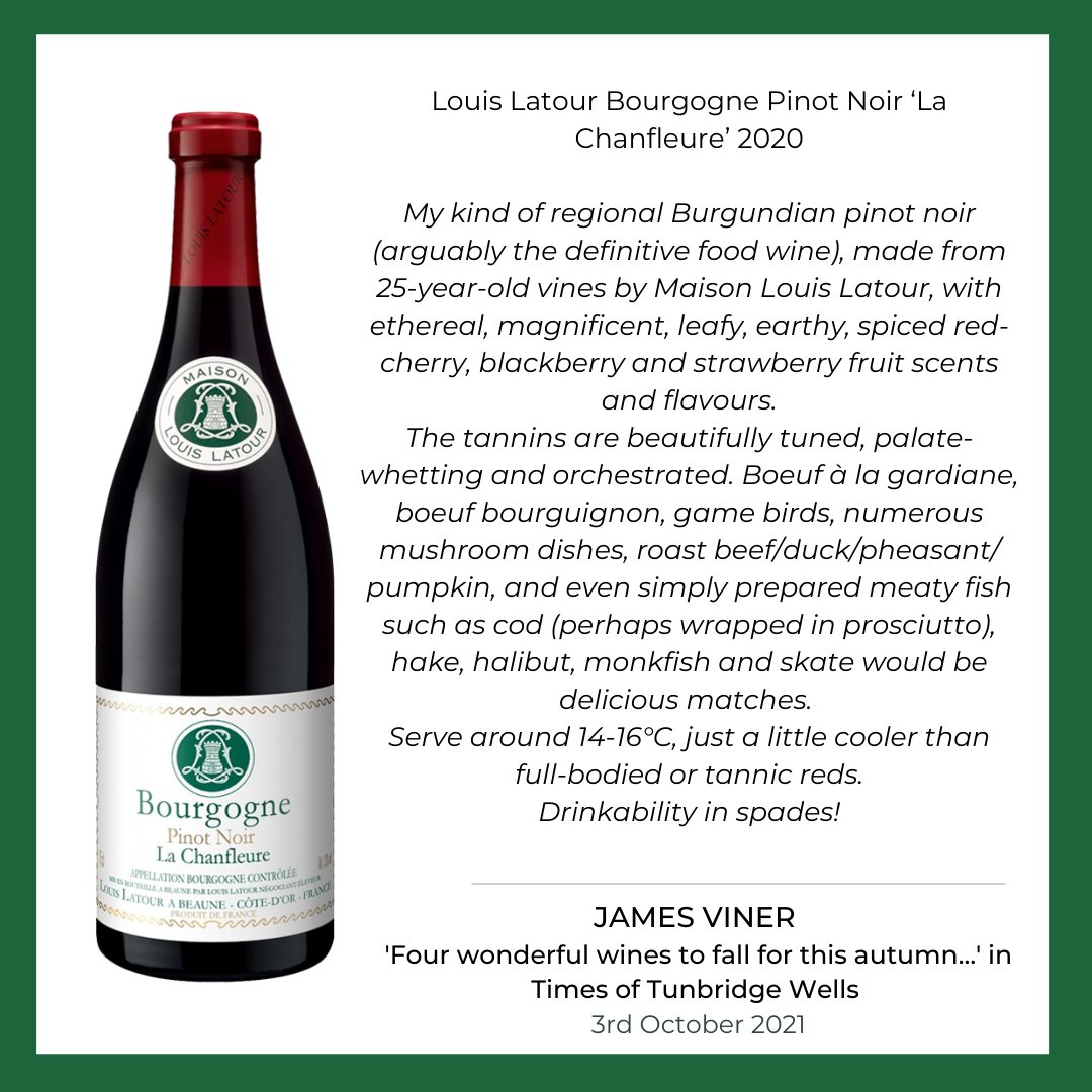 LouisLatourUK's tweet photo. This #throwbackthursday we look back to last month when @LouisLatour1797 Bourgogne Pinot Noir La Chanfleure featured in James Viner's article for Times of Tunbridge Wells.
#louislatour #familyowned #220years #burgundy #founded1797 #lladrinks https://t.co/wEtQj7YdwQ