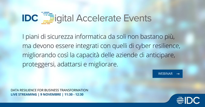 aleluppi72's tweet photo. L'azienda del futuro si fonda su un'infrastruttura digitale resiliente basata su #hybridcloud, autonomia dei processi IT e di business, sicurezza di rete.
#DataResilience for Business Transformation, il nuovo webinar di IDC e @IBMItalia. 
Registrati ➡ https://t.co/aLDllm9jlq https://t.co/3mA8LzfTCd