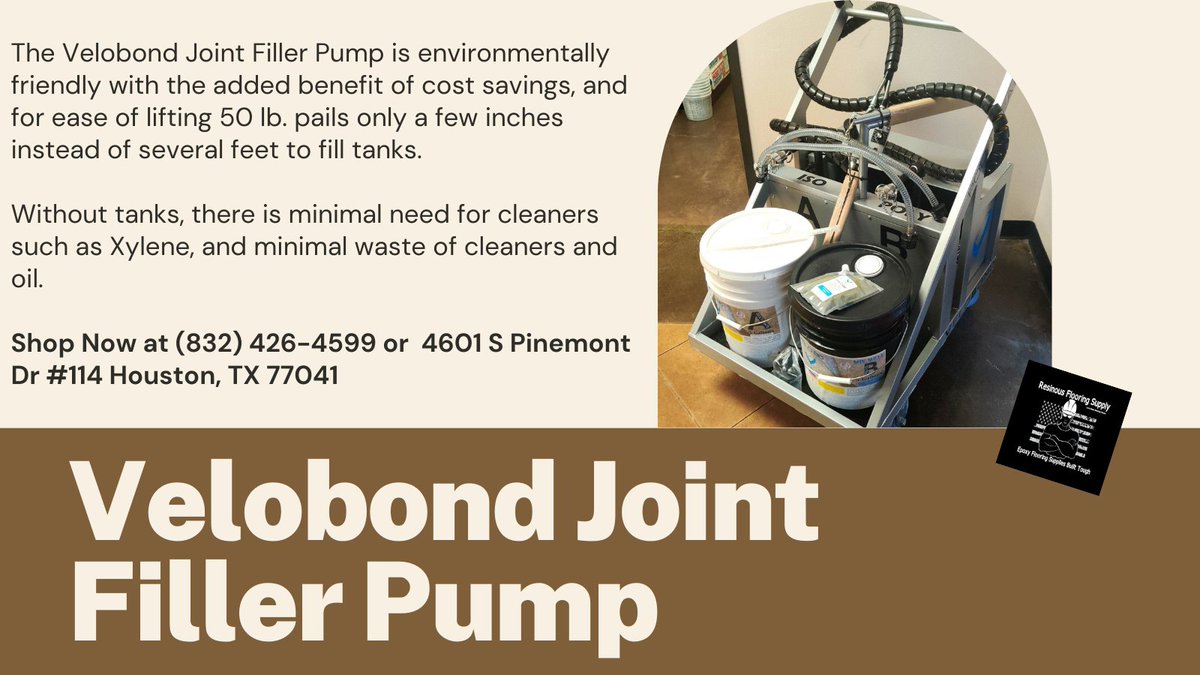 ResFloorSupply's tweet photo. The #Velobond Joint Filler Pump is one of the best tools on the market for #concrete professionals! Don't miss out on this amazing product - Shop Now at (832) 426-4599 or 4601 S Pinemont Dr #114, Houston, TX 77041. #flooring #flooringstore #flooringtools #concretefloors #floors https://t.co/GD59EtvoLG