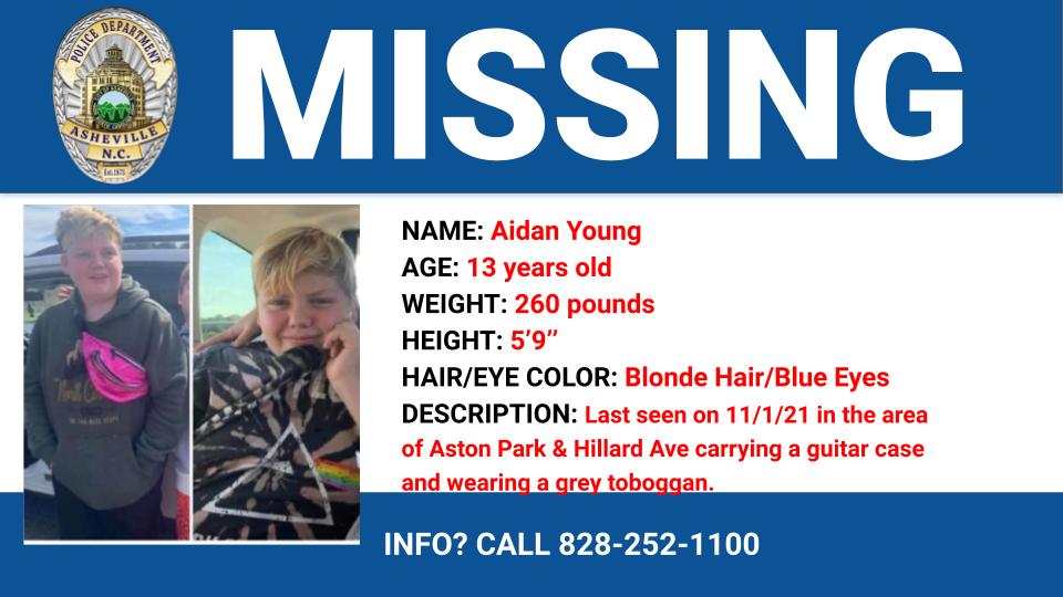AshevillePolice's tweet photo. #MISSING: Detectives need help to find a missing juvenile, Aidan Young. Last seen 11/1 in area of Aston Park &amp; Hillard Ave. #AVLNEWS

@WLOS_13 @foxcarolinanews @wyffnews4 @WSPA7 @newsradio570 @SpecNews1MTN @MissingKids https://t.co/RgL0ppRfsT