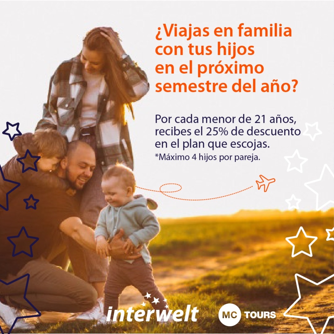 ToursMC's tweet photo. Interwelt está brindando un descuento del 25% en pasajes para niños o jóvenes menores de 21 años. (válido para máximo 4 hijos)👦👧

Vigente durante los venideros 6 meses👏

En MC Tours somos aliados de grandes empresas, ¡Descubre lo que tenemos para ti!✈️🚢

#MCTours #Interwelt https://t.co/bviub9qbAW