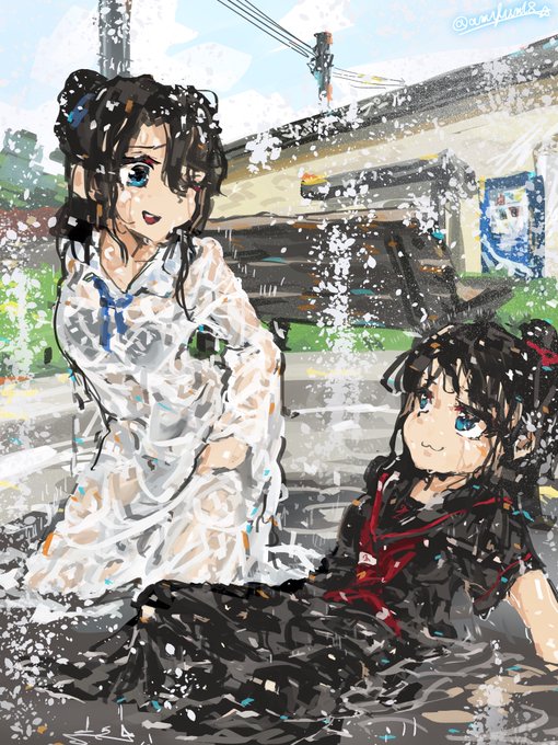 夏の暑い日に市民プールの前を通りがかったせいで冷たい水に入りたい欲が爆発してしまったけど水着持ってないからとりあえず目の前の噴水に突撃してしまった姉妹を描きました(超季節外れ) 