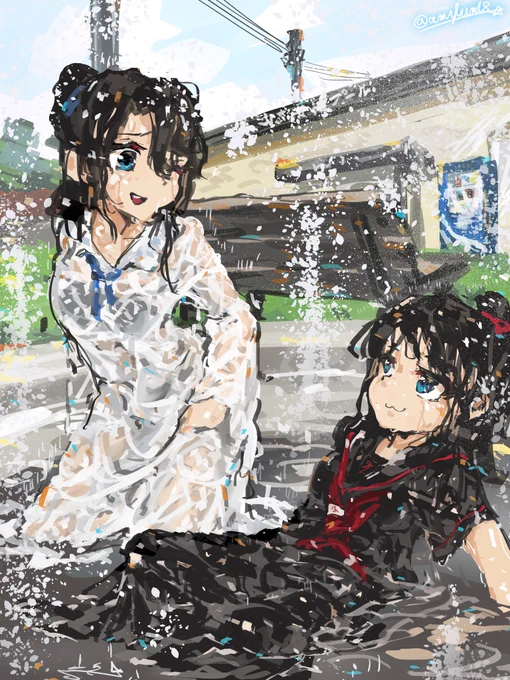 夏の暑い日に市民プールの前を通りがかったせいで冷たい水に入りたい欲が爆発してしまったけど水着持ってないからとりあえず目の前の噴水に突撃してしまった姉妹を描きました(超季節外れ) 