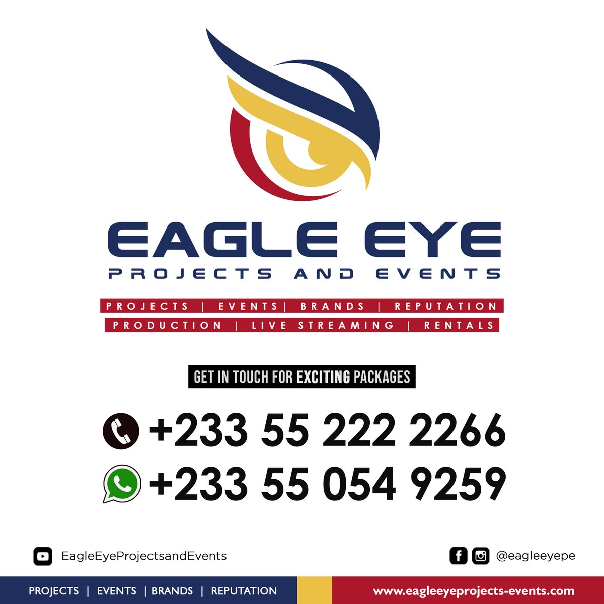 EagleEyePE's tweet photo. We are Eagle Eye Projects And Events - PASSION. PERFORMANCE. EXCELLENCE.

Follow Us on Social Media🌐
https://t.co/Fg5SyebVrk
https://t.co/6zN3jz3oHc
https://t.co/WE5Zc9zi7l

Call us on:⏰
+233 55 222 2266

#PASSION #PERFORMANCE #EXCELLENCE #MonthOfCelebration https://t.co/kjscYHXFeS