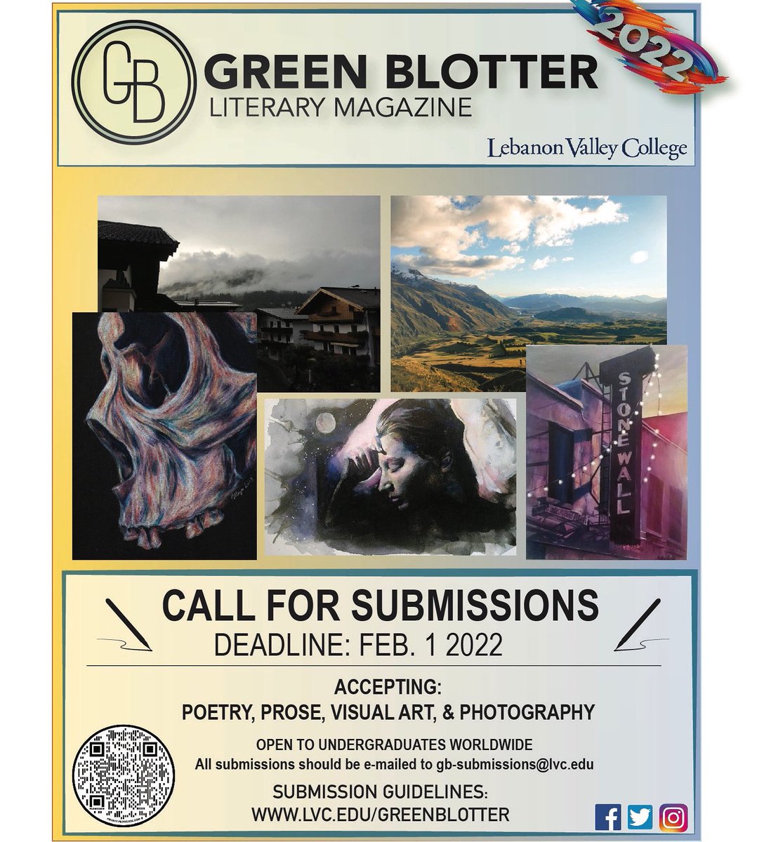 greenblotter's tweet photo. The Submissions Deadline for the 2022 Green Blotter magazine is February 1st! Undergraduates world wide can now submit their prose, photography, poetry, and visual art!   To submit visit : https://t.co/t9CZZ2KxTA https://t.co/GlySFq4mEU