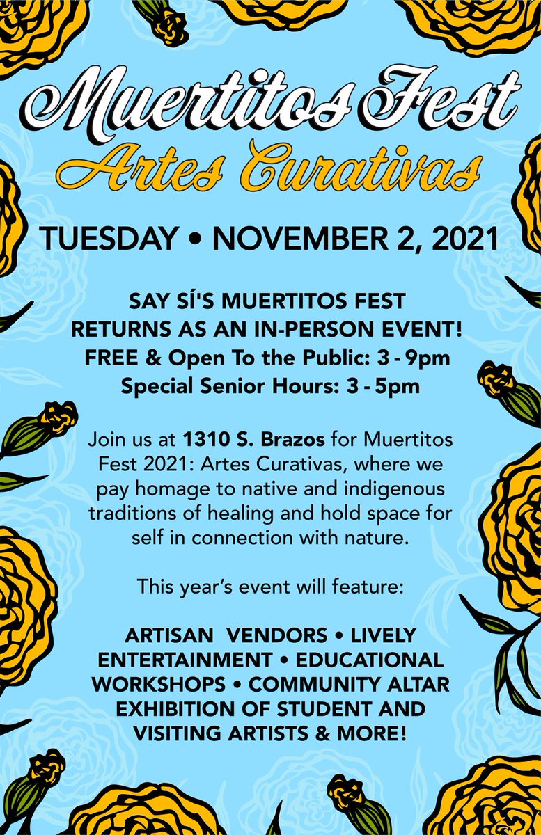 SAYSi_SA's tweet photo. Today's the day! Celebrate #DiaDeLosMuertos at #MuertitosFest. Artisan vendors, food by @LaConsentidaUSA, musica by @LosNahuatlatos and more! https://t.co/1UGTecMyRw
