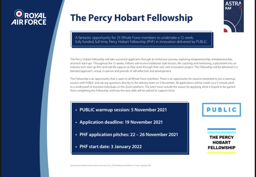 The Percy Hobart Fellowship is a fantastic opportunity for 25 Whole Force personnel to develop and grow both personally and professionally over a 12 week full time period. Join us this Friday for a warmup session with <a href="/PUBLIC_Team/">PUBLIC</a> and #RAFAstra. @cazcoops962
