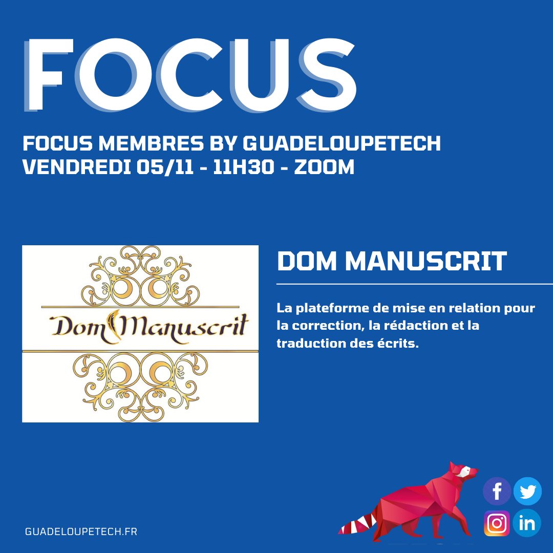 📌 FOCUS Membre

Ce vendredi, Rudy SÉBASTIEN, fondateur de DOM MANUSCRIT nous présentera la plateforme de mise en relation pour la correction, la rédaction et la traduction des écrits.

Inscription obligatoire ➡️ zoom.us/.../tJEodO2rqT…

#guadeloupetech #digital #tech