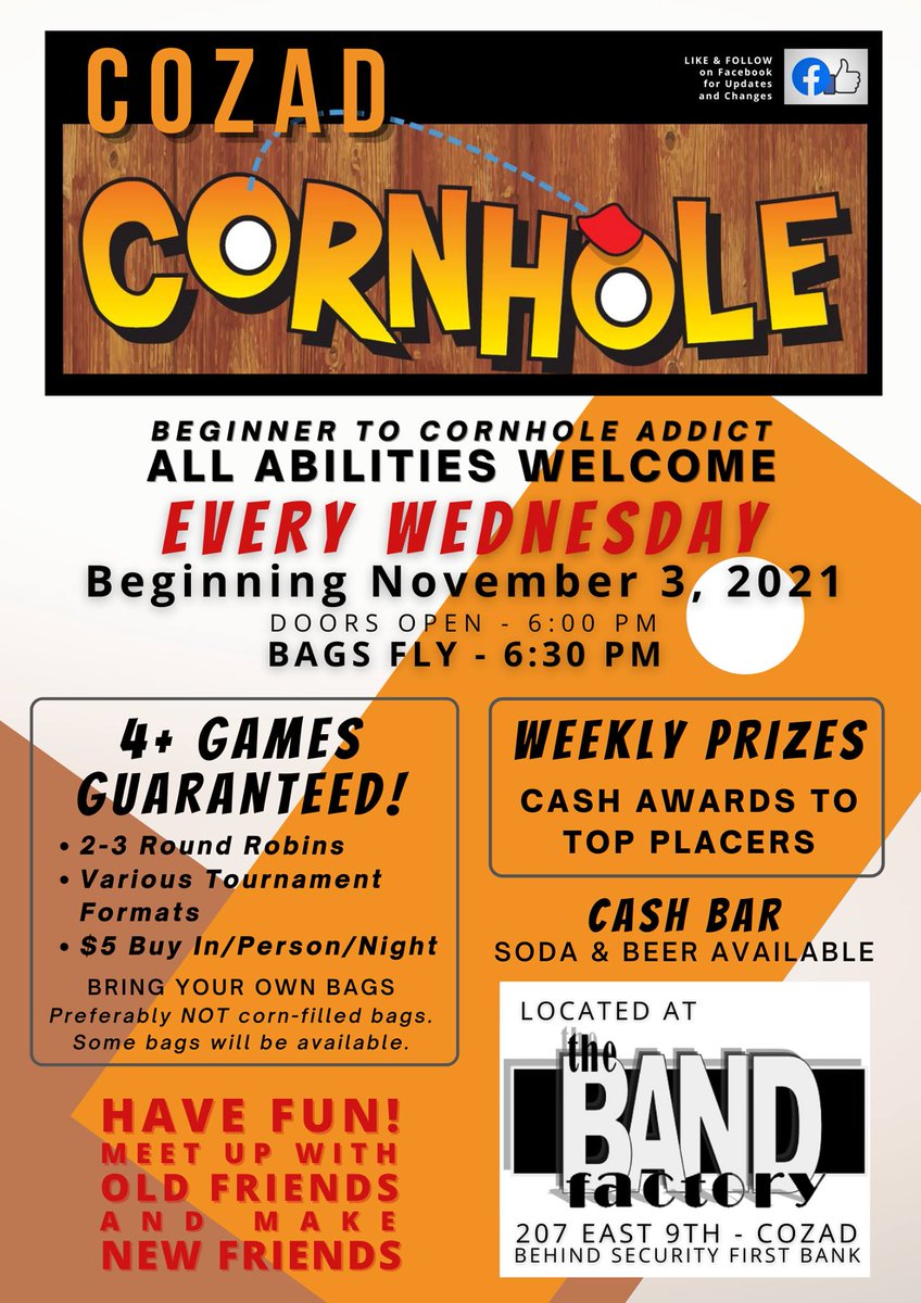 First week of Cozad Cornhole at The Band Factory!  Come join the fun and let the bags fly!