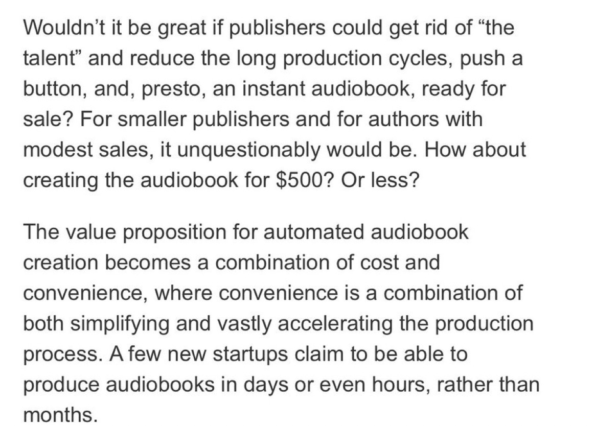So Publishers Weekly ran an article about using AI in lieu of those pesky human narrators.

Written by one of the founders of an AI audio company.

Which in &amp; of itself is a terrible look, but wait! The actual content is not only insulting but utterly short-sighted!

A thread!