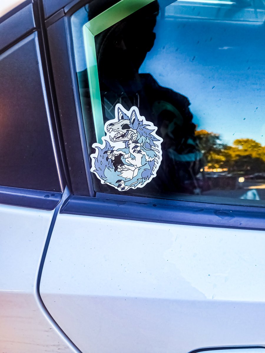 skeevley's tweet photo. Just got my @FursonaPins October patreon ^^ luv the skullies ^^ put the sticker on my window! And my Sawyer sticker is holding out strong after being on my window for awhile https://t.co/J4rXuMJmMT