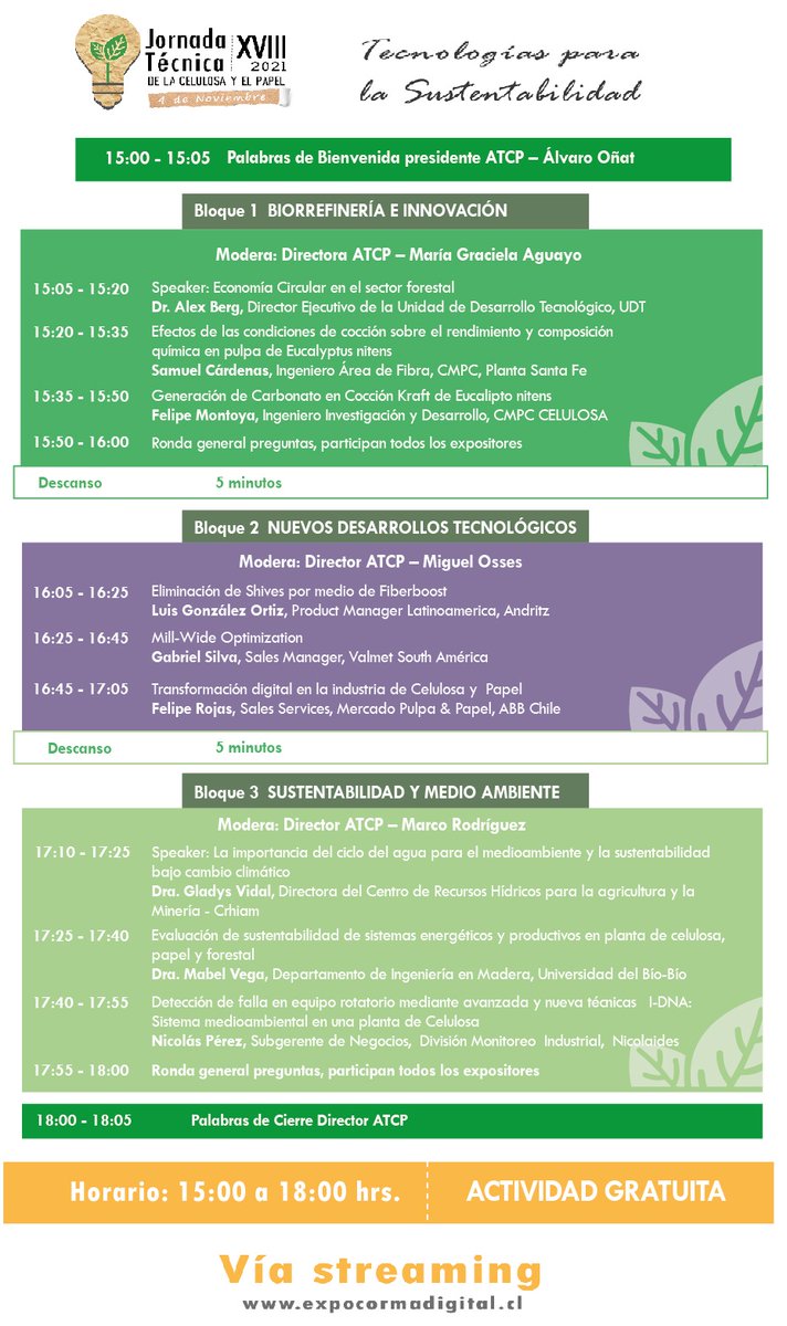 atcpchile's tweet photo. Compartimos programa oficial de las XVIII Jornada Técnica que #ATCPChile realizará en el marco de la Feria Forestal #Expocorma2021.
Los invitamos a participar en los seminarios que estarán disponible a través de https://t.co/3XeuUvKgLB
#atcpinforma #desdeelbiobio #expocelpa https://t.co/SUuNv7C71H