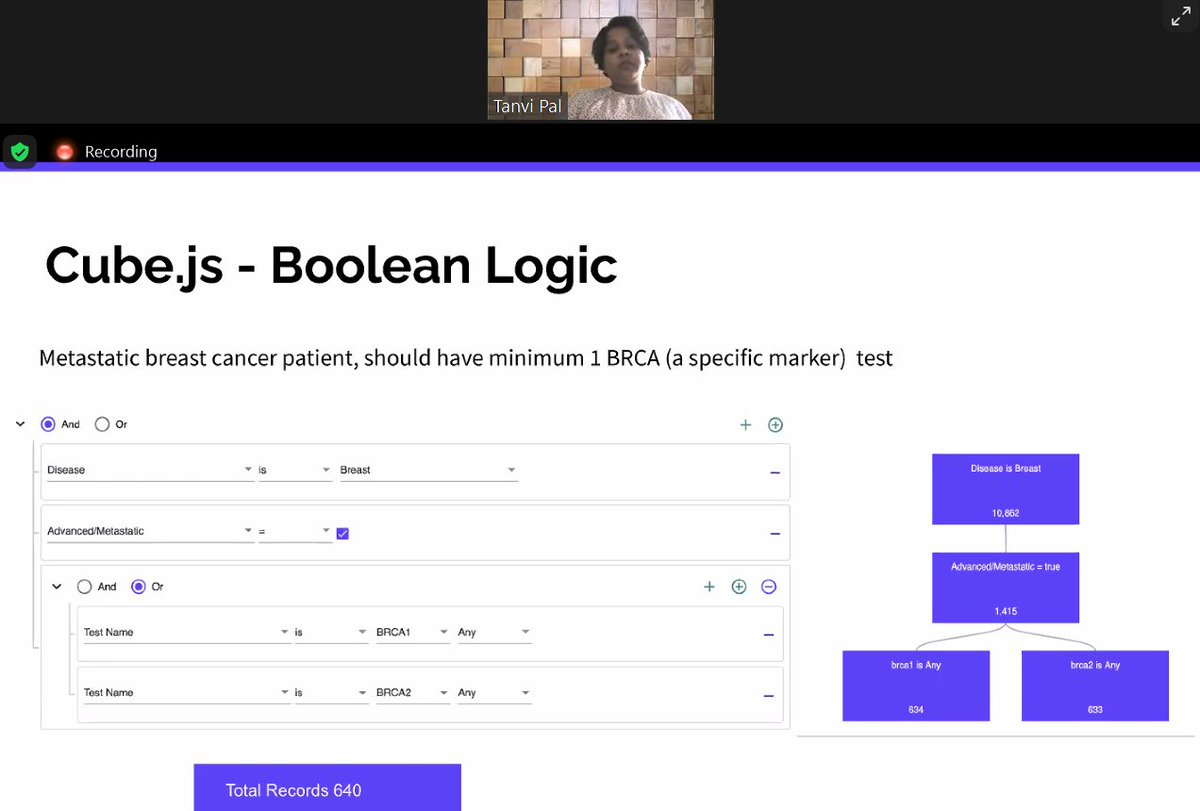 AltinityDB's tweet image. @cotahealthcare&apos;s Tanvi Pal showcasing how to utilize #cubejs &amp;amp; #booleanlogic to produce #breastcancer patient analytics at #OSACon 2021.