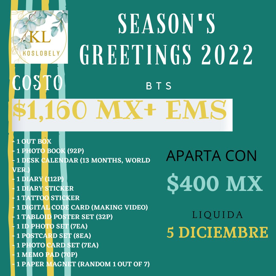 koslobely's tweet photo. 💜SEASON'S GREETINGS 2022💚
🔺️No hay cancelaciones después de confirmar orden.🔺️ 
🔺️Llegada 3 semanas despues del lanzamiento aproximadamente.🔺️
🔺️ Pregunta disponibilidad antes de depositar🔺️ https://t.co/oO3Js9xXRH