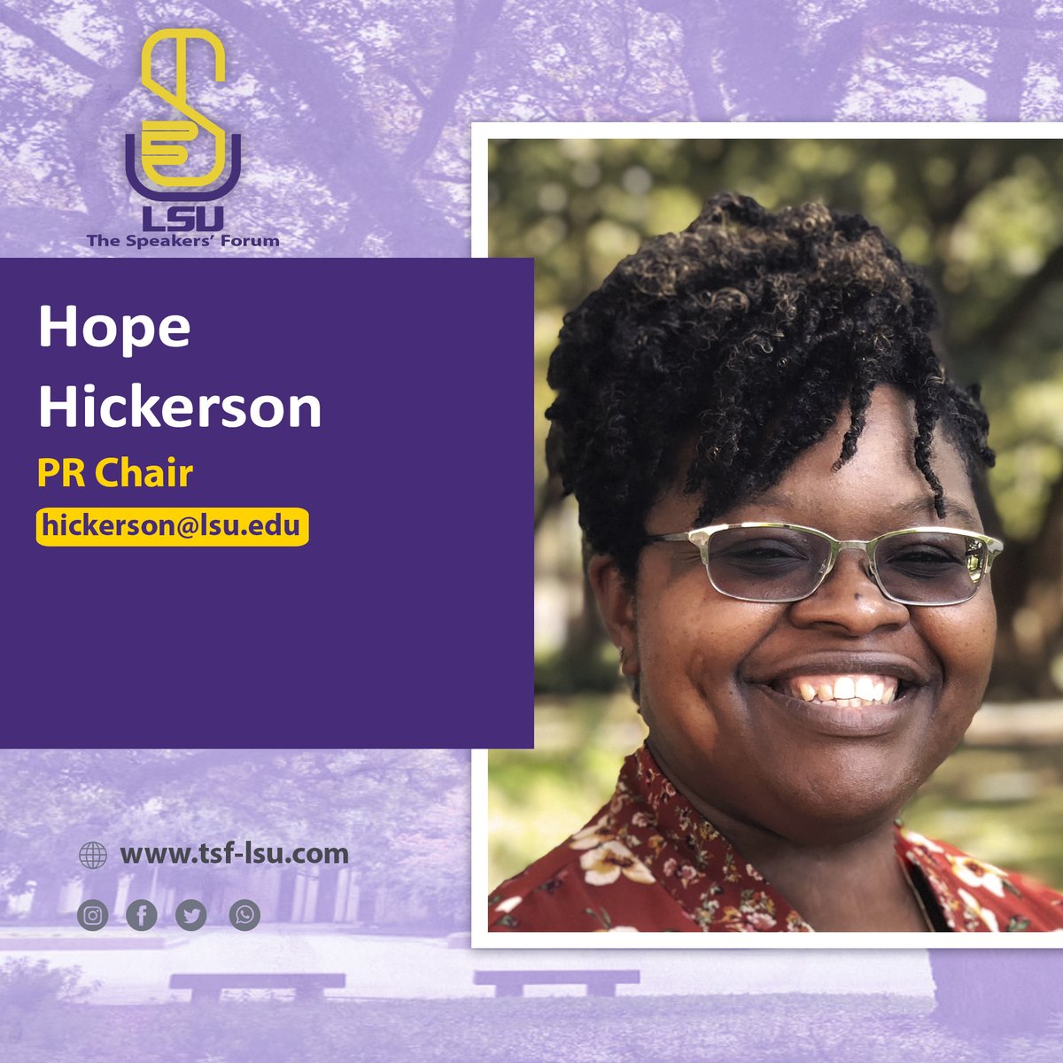 TSF_LSU's tweet photo. Meet our PR Chair Hope Hickerson! Hope Hickerson is a second year doctoral student in the Mass Communication department. Her idea of fun is reading sci fi books about vampires, witches, and fairies while sipping a dairy-free latte. #geauxtigers #teamwork @HopeHickerson https://t.co/TVEV8NIQgM
