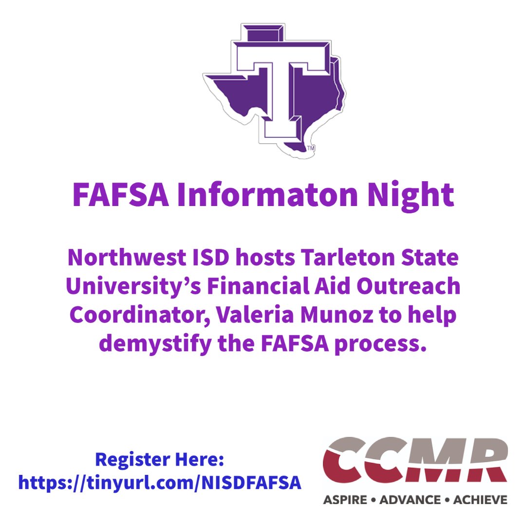 Need help completing your FAFSA? Join us for another FAFSA Information Night presented by Tarleton State University. November 17 @ 6:00 PM. Register now at: tinyurl.com/NISDFAFSA