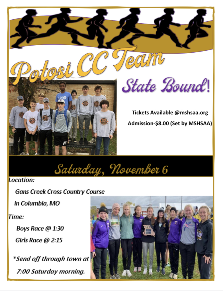 Potosi_Trojans's tweet photo. Our Boys and Girls Cross Country teams are heading to state this Saturday! See attached flyer for more information. 
#lovepurplelivegold https://t.co/xOq4U6zi5M