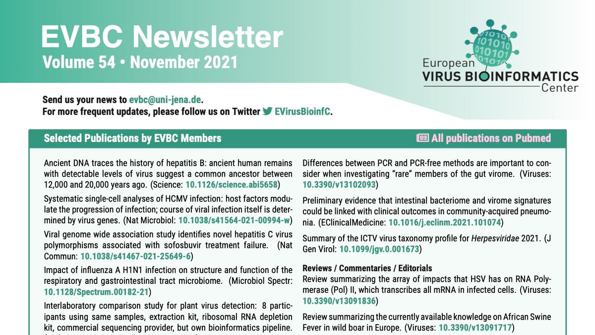EVirusBioinfC's tweet photo. EVBC Newsletter 54 / November 2021: #ancientDNA #HCMV #HCV #influenza #virusdetection #phages #rotaviruses #phylogenetic #viromics #ICTV #RNAstructures #ViBioM2022 @DenisKutnjak @bentemperton https://t.co/YNNAEpM2Pb