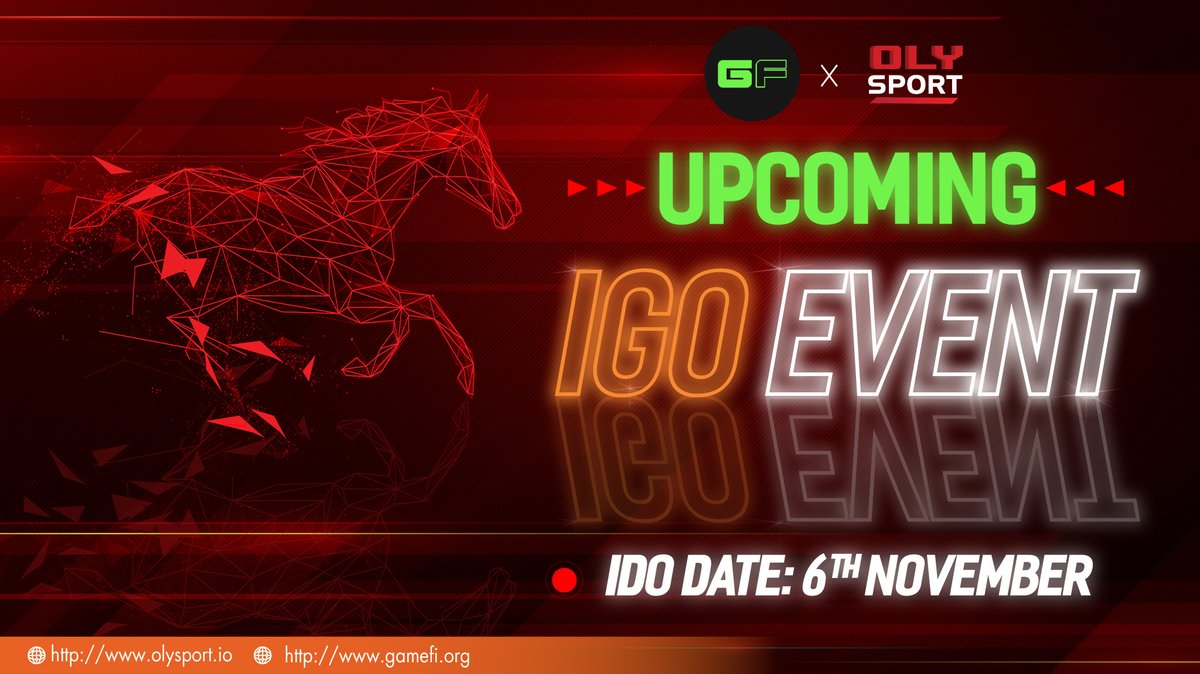 $OLY #IGO on <a href="/GameFi_Official/">GAMEFI.ORG</a> on November 6th! 
The fixed #IGO price of $OLY is $0.06 per token exclusively for GameFi token holders. The total allocation amount of $OLY tokens will be announced later.
bit.ly/3pU3Mi6
Together we race!
#OlySport #Metaverse
