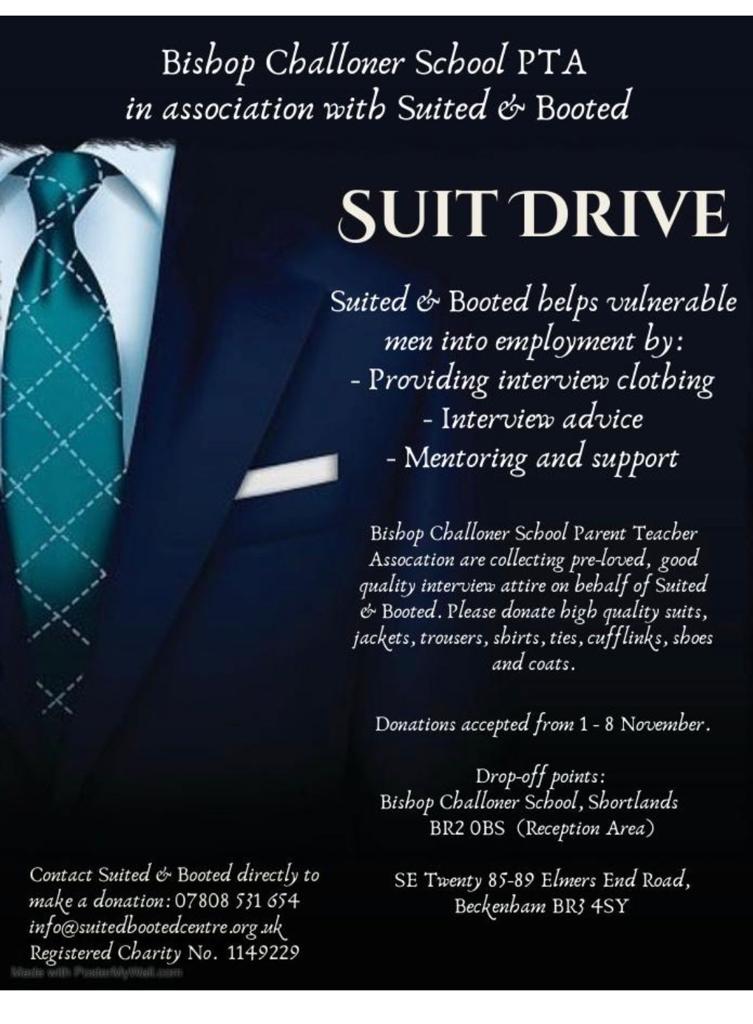 SETwentyCafe's tweet photo. SE Twenty are proud to be working alongside @challoner_Head PTA to collect pre-loved, good quality #interviewattire which will be donated to @SuitedBootedC, a #charity helping vulnerable men enter #employment. You can #donate your clothes until the 8th of November. https://t.co/vPmo8aOR0c