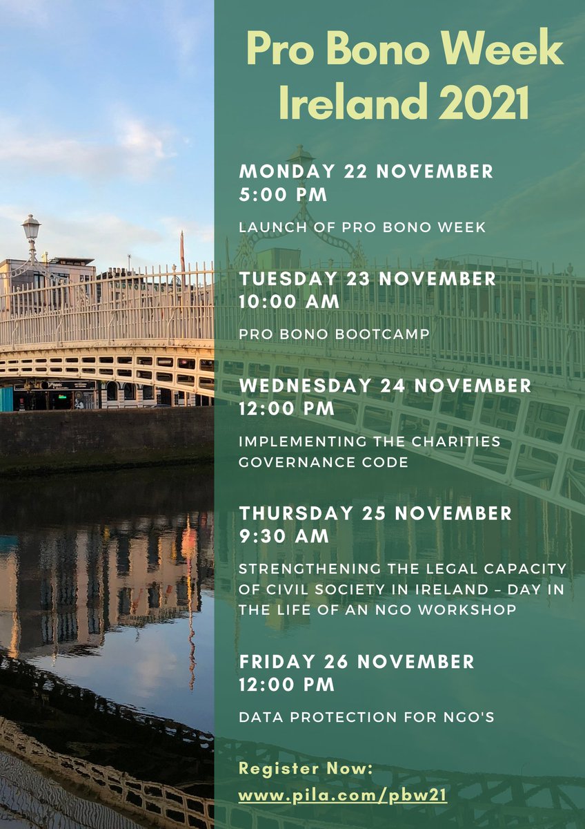 PILAireland's tweet photo. #ProBonoWeekIreland 

📅22-26 November 2021

A jam-packed week celebrating the role played by volunteer lawyers supporting civil society and those in need. You can find out more info &amp; register for all events here ---> https://t.co/IM7HNd5RUz

@flacireland https://t.co/g2YhiaLXPw